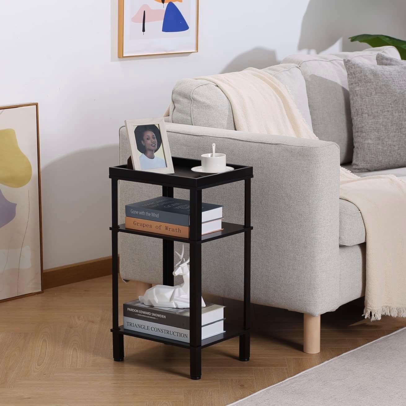 YEAKOO 3-Tier Side Table – Compact Nightstand & Storage Shelf, Industrial Metal & Wood, Black