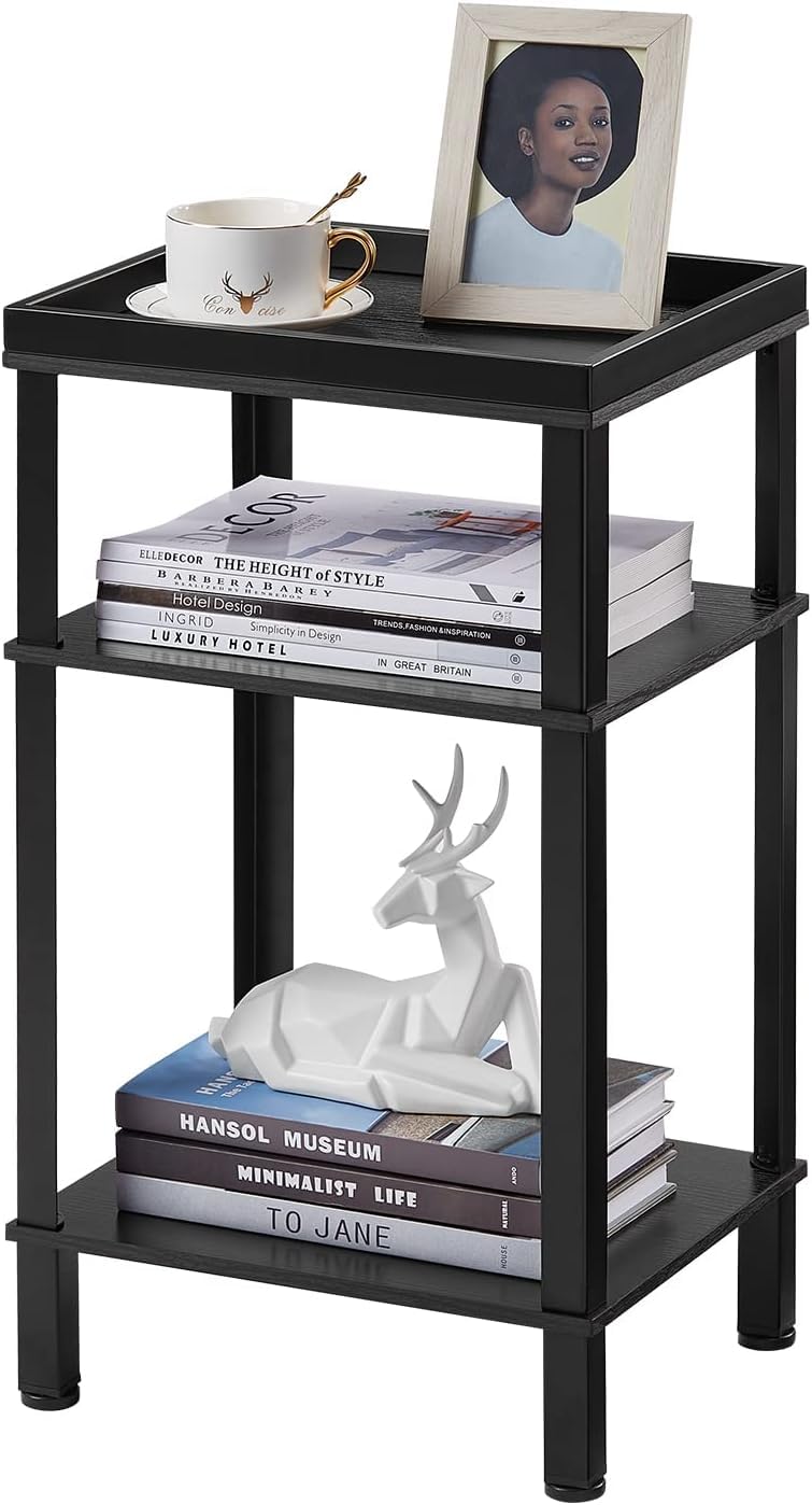YEAKOO 3-Tier Side Table – Compact Nightstand & Storage Shelf, Industrial Metal & Wood, Black