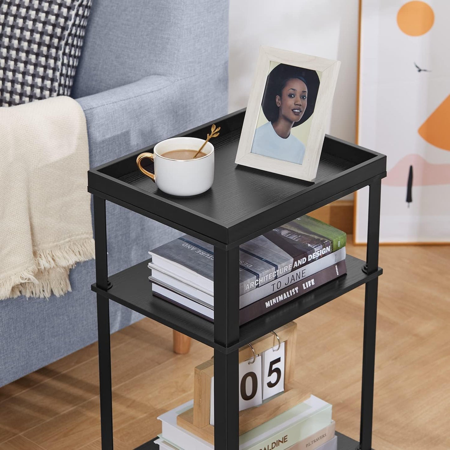 YEAKOO 3-Tier Side Table – Compact Nightstand & Storage Shelf, Industrial Metal & Wood, Black