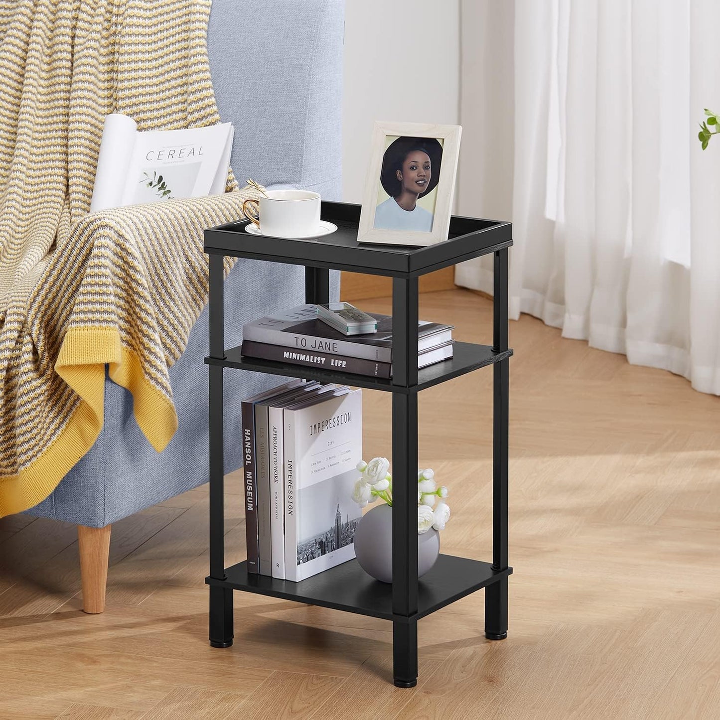 YEAKOO 3-Tier Side Table – Compact Nightstand & Storage Shelf, Industrial Metal & Wood, Black
